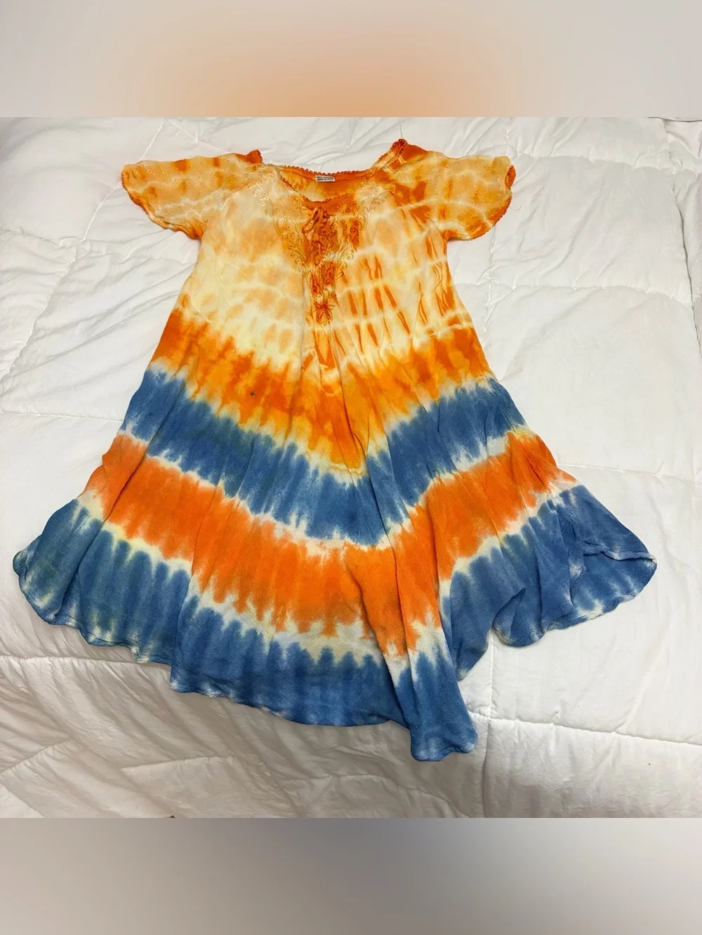 Tie-Dye embroidered flowy lace-up dress